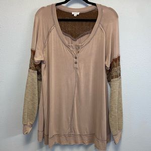 POL Size Large Leave It On The Detail Tan Brown  Embroidered Henley Tunic 3008